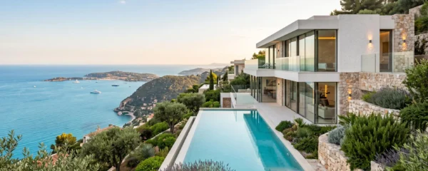 Contemporary luxury villa with infinity pool overlooking the Mediterranean Sea on the French Riviera, featuring modern white architecture, expansive glass facades, and coastal panorama at golden hour