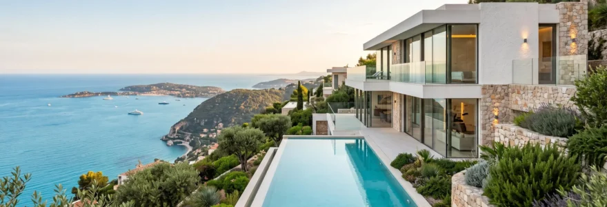 Contemporary luxury villa with infinity pool overlooking the Mediterranean Sea on the French Riviera, featuring modern white architecture, expansive glass facades, and coastal panorama at golden hour