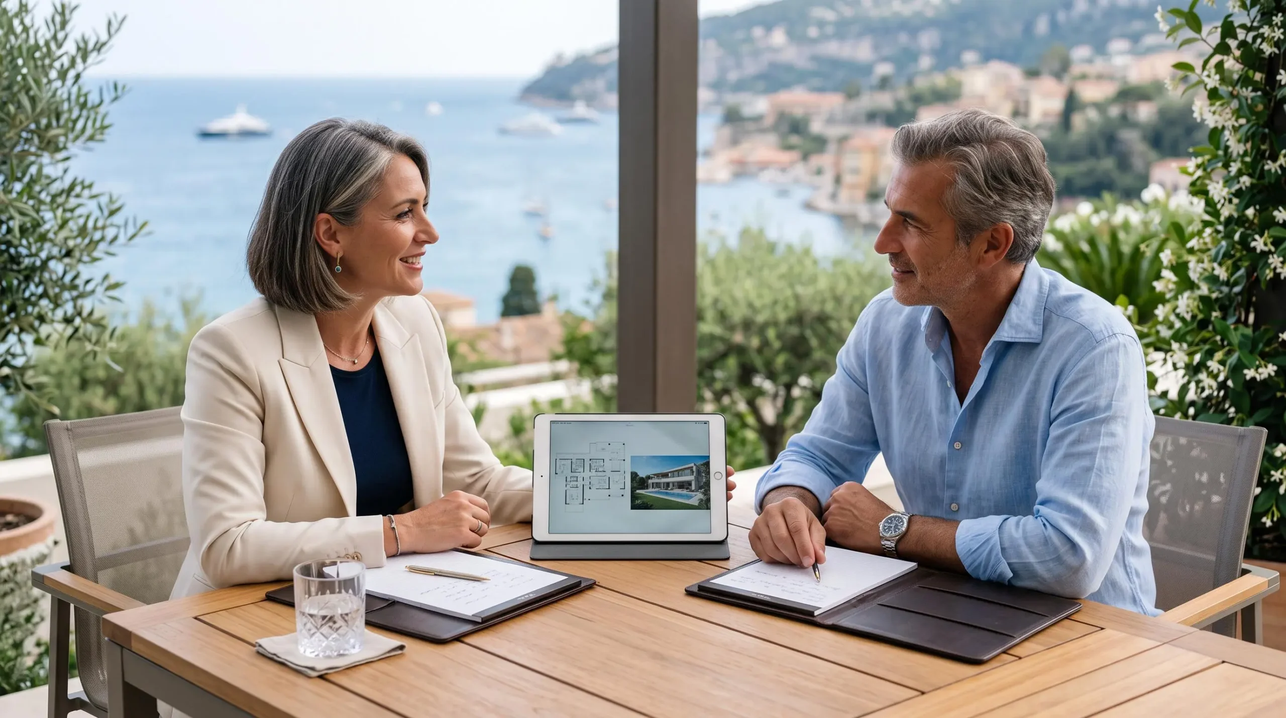 Luxury property consultant and client engaged in consultation conversation, reviewing villa portfolio on tablet in a bright contemporary office with French Riviera coastal views