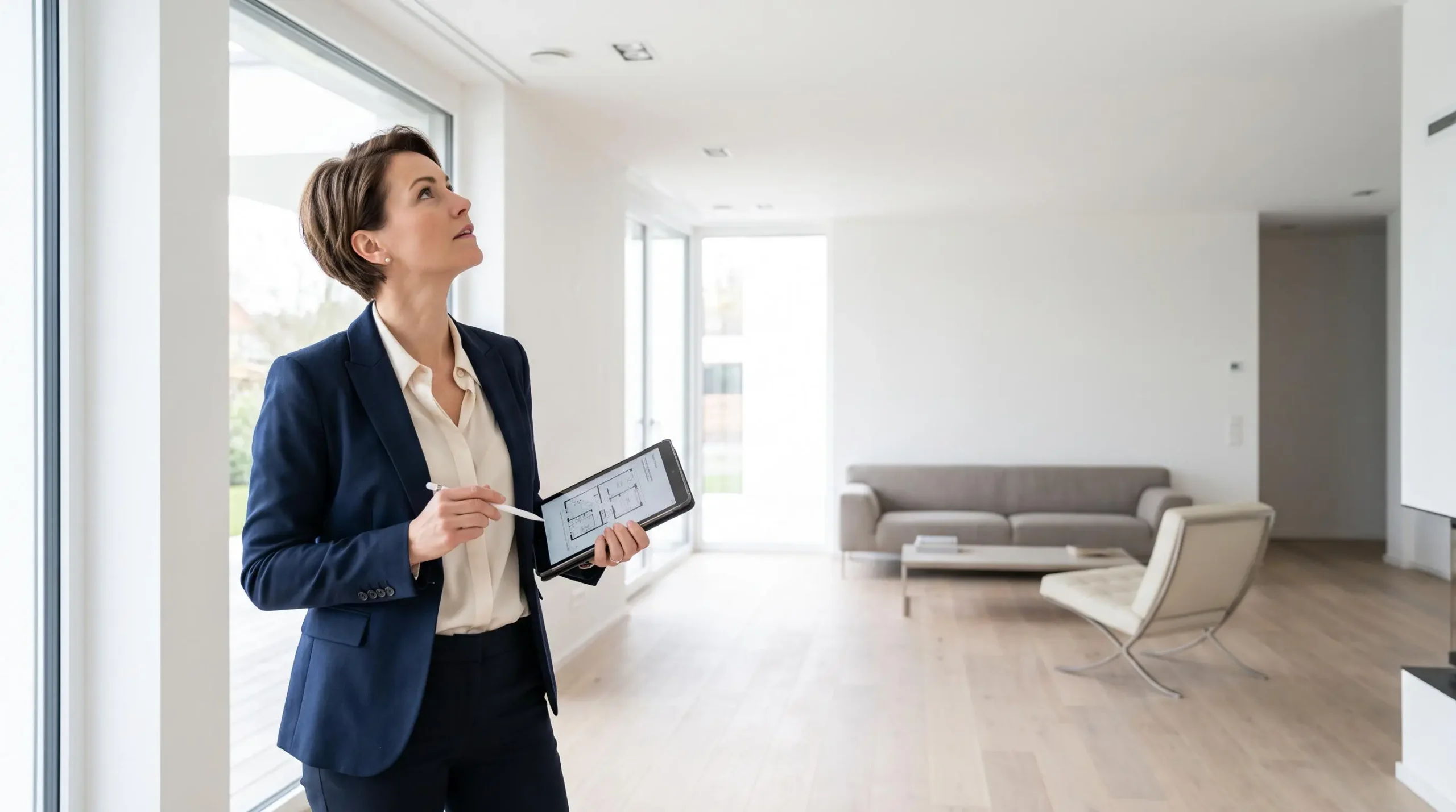Luxury real estate professional evaluating architectural details and finishes in a contemporary villa interior on the French Riviera, holding tablet with property documentation