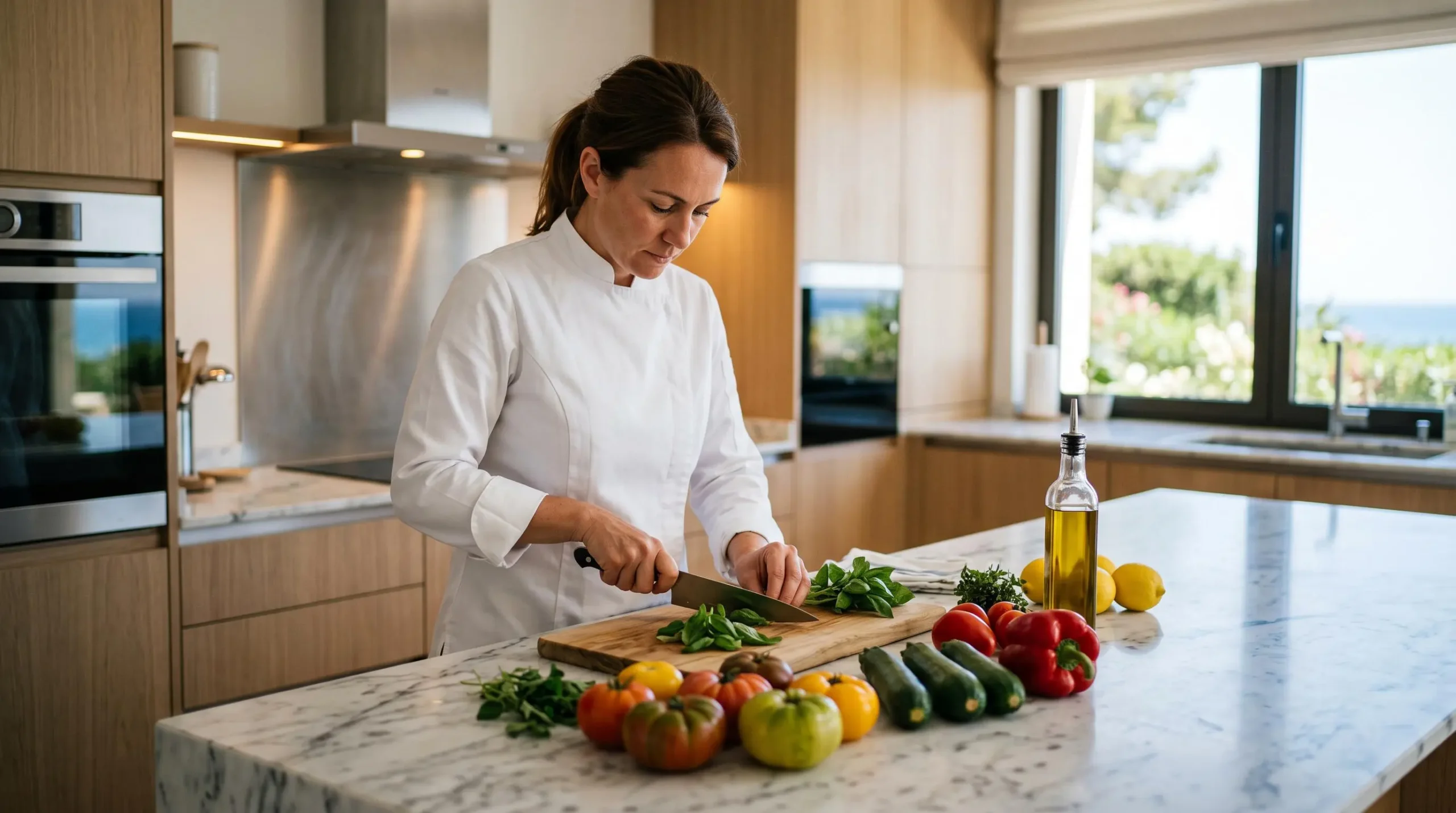 Private chef preparing fresh Mediterranean cuisine with local ingredients in a contemporary luxury villa kitchen on the French Riviera, demonstrating bespoke concierge service